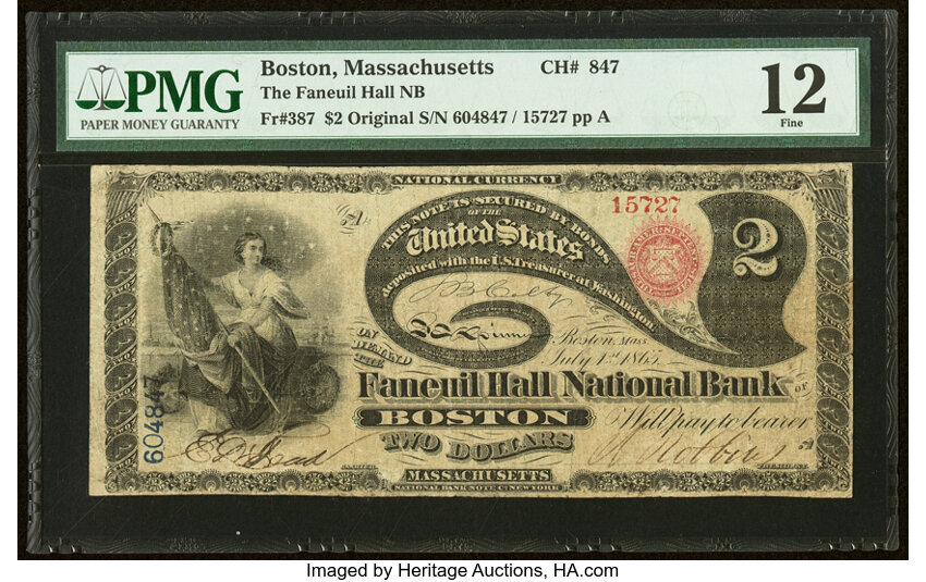 image for: Boston, MA - $2 Original Fr. 387 The Faneuil Hall National Bank Ch. # 847 PMG Fine 12....