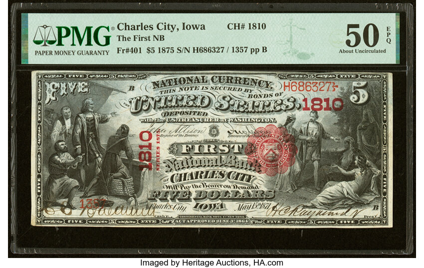 image for: Charles City, IA - $5 1875 Fr. 401 The First National Bank Ch. # 1810 PMG About Uncirculated 50 EPQ....