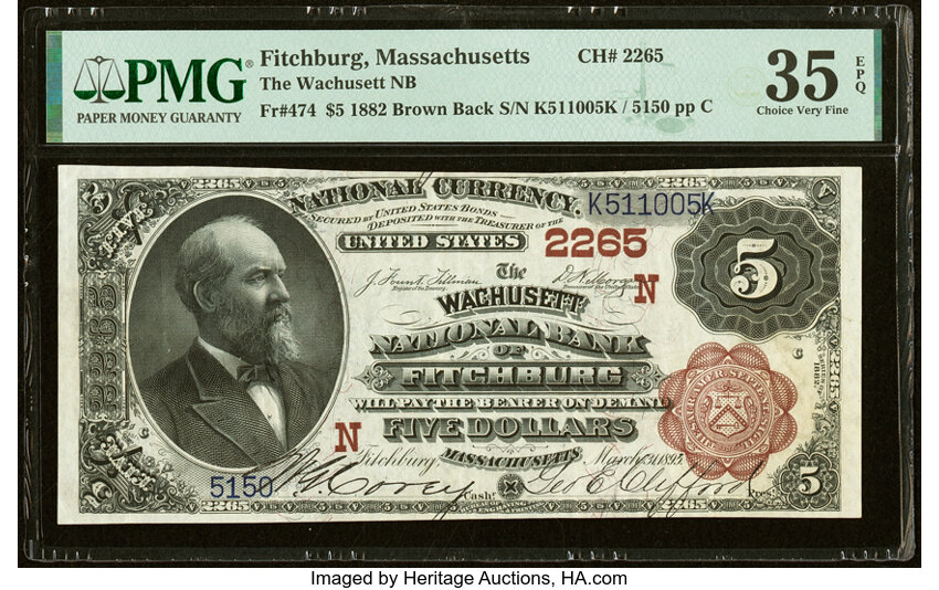 image for: Fitchburg, MA - $5 1882 Brown Back Fr. 474 The Wachusett National Bank Ch. # (N)2265 PMG Choice Very Fine 35 EPQ....