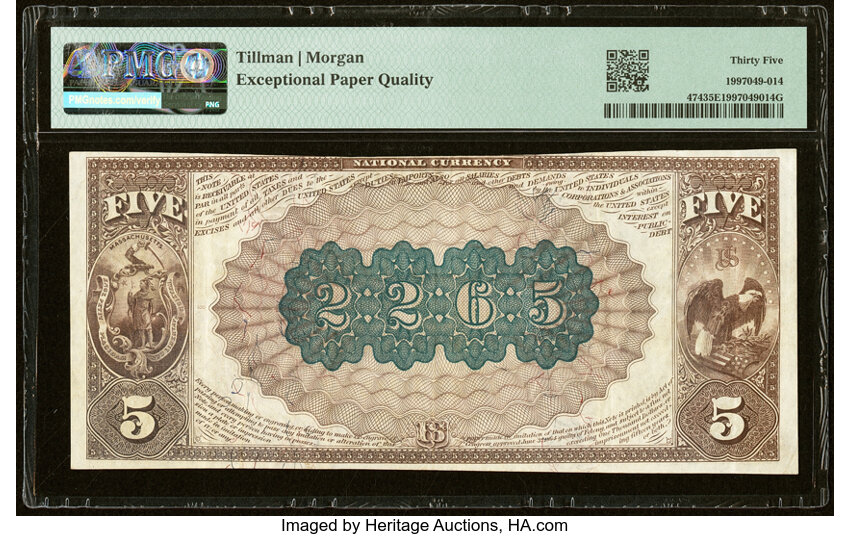image for: Fitchburg, MA - $5 1882 Brown Back Fr. 474 The Wachusett National Bank Ch. # (N)2265 PMG Choice Very Fine 35 EPQ....