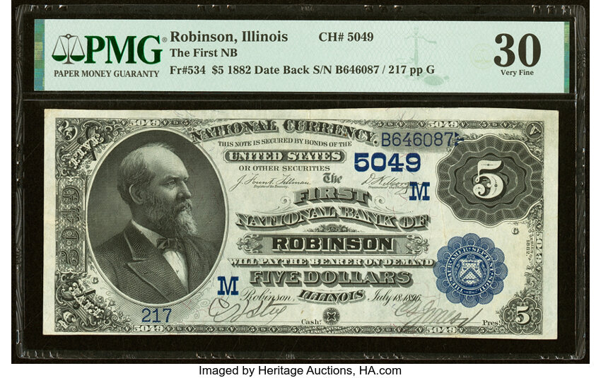 image for: Robinson, IL - $5 1882 Date Back Fr. 534 The First National Bank Ch. # (M)5049 PMG Very Fine 30....