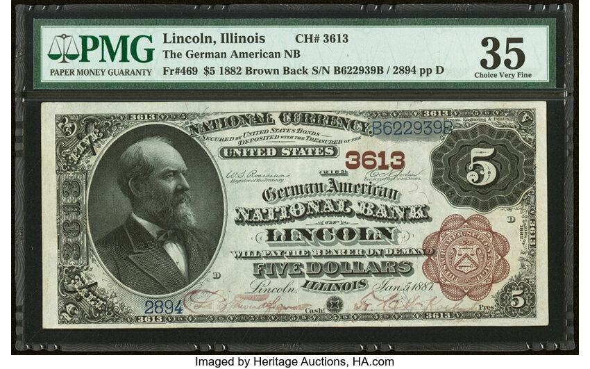 image for: Lincoln, IL - $5 1882 Brown Back Fr. 469 The German American National Bank Ch. # 3613 PMG Choice Very Fine 35....