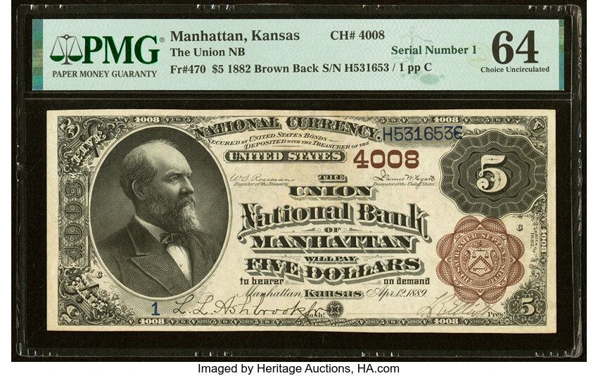 image for: Serial Number 1 Manhattan, KS - $5 1882 Brown Back Fr. 470 The Union National Bank Ch. # 4008 PMG Choice Uncirculated 64....