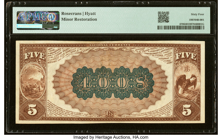 image for: Serial Number 1 Manhattan, KS - $5 1882 Brown Back Fr. 470 The Union National Bank Ch. # 4008 PMG Choice Uncirculated 64....