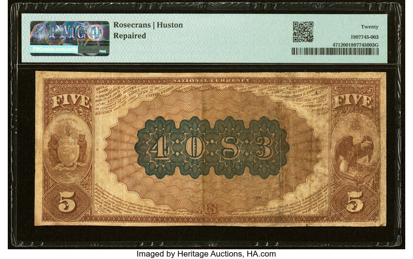 image for: Serial Number 1 Brunswick, MO - $5 1882 Brown Back Fr. 471 The First National Bank Ch. # 4083 PMG Very Fine 20....