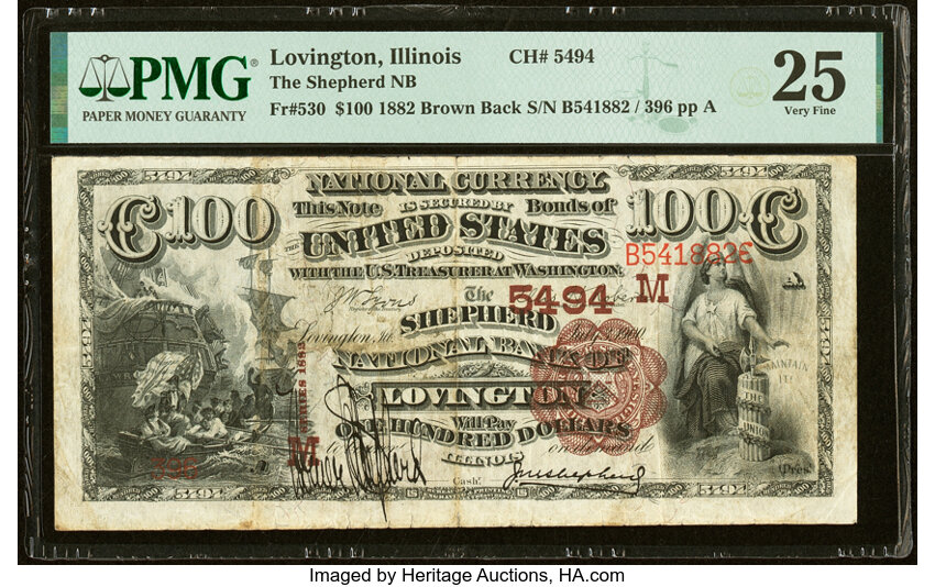 image for: Lovington, IL - $100 1882 Brown Back Fr. 530 The Shepherd National Bank Ch. # (M)5494 PMG Very Fine 25....