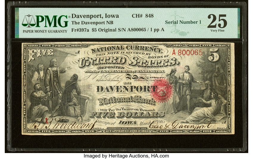 image for: Serial Number 1 Davenport, IA - $5 Original Fr. 397a The Davenport National Bank Ch. # 848 PMG Very Fine 25....
