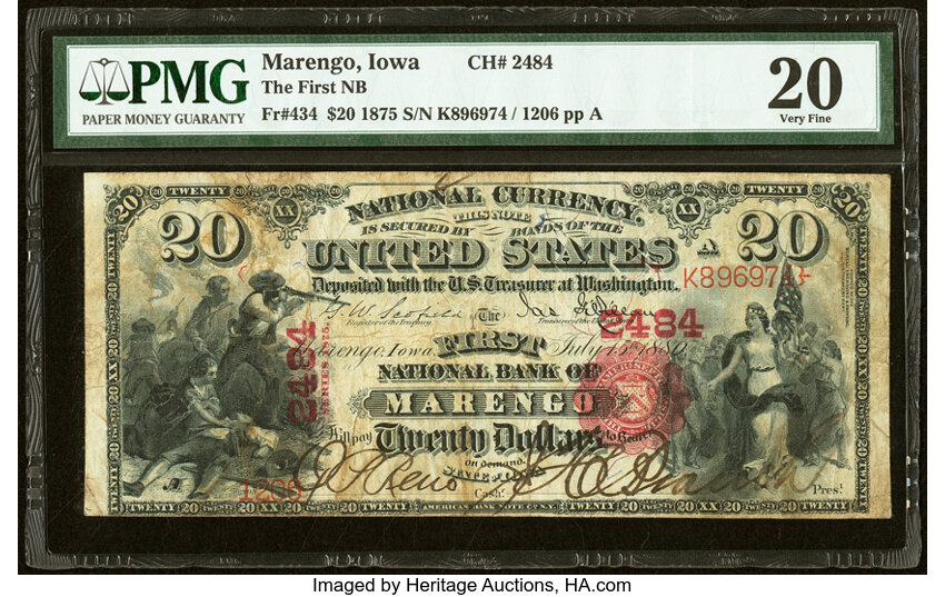 image for: Marengo, IA - $20 1875 Fr. 434 The First National Bank Ch. # 2484 PMG Very Fine 20....