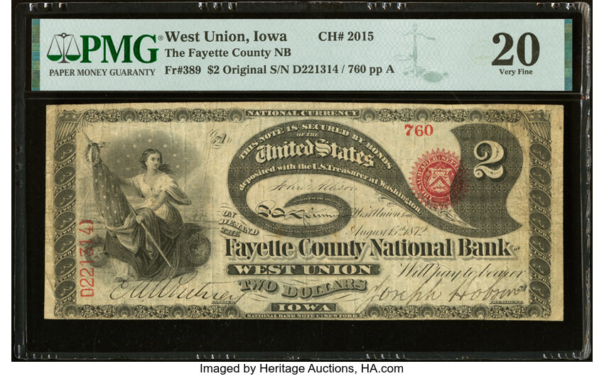 image for: West Union, IA - $2 Original Fr. 389 The Fayette County National Bank Ch. # 2015 PMG Very Fine 20....