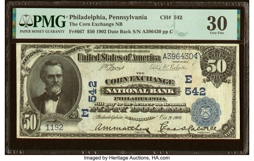 image for: Philadelphia, PA - $50 1902 Date Back Fr. 667 The Corn Exchange National Bank Ch. # (E)542 PMG Very Fine 30....