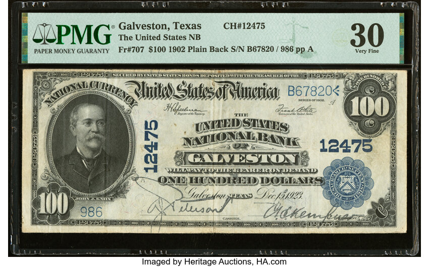 image for: Galveston, TX - $100 1902 Plain Back Fr. 707 The United States National Bank Ch. # 12475 PMG Very Fine 30....