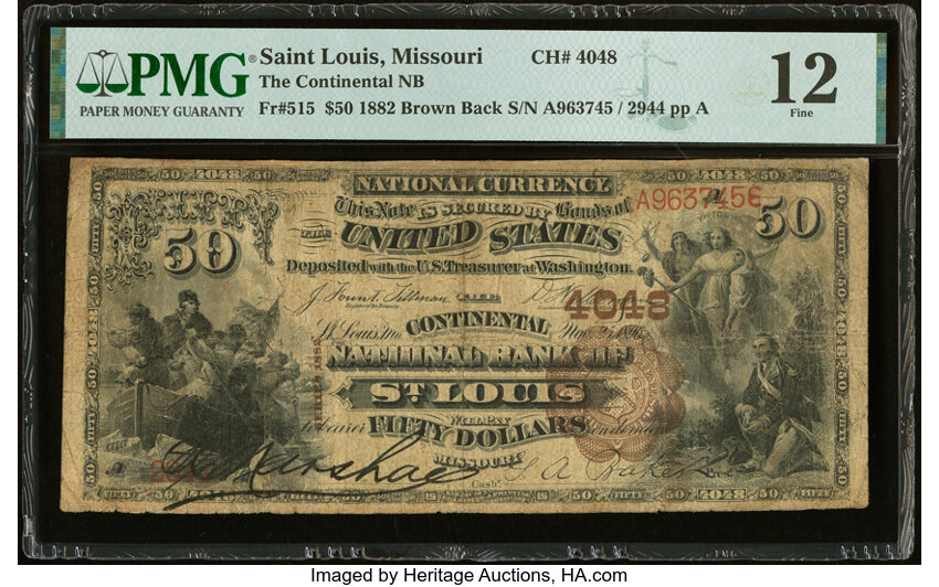 image for: Saint Louis, MO - $50 1882 Brown Back Fr. 515 The Continental National Bank Ch. # 4048 PMG Fine 12....