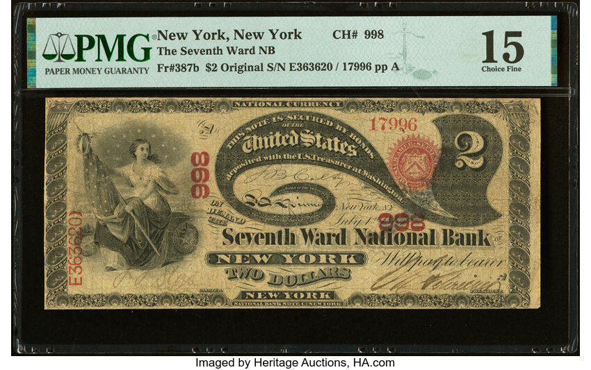 image for: New York, NY - $2 Original Fr. 387b The Seventh Ward National Bank Ch. # 998 PMG Choice Fine 15....