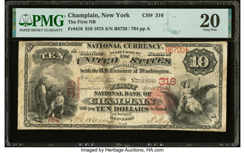 image for: Champlain, NY - $10 1875 Fr. 416 The First National Bank Ch. # 316 PMG Very Fine 20....
