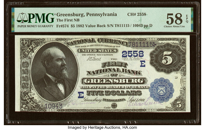 image for: Greensburg, PA - $5 1882 Value Back Fr. 574 The First National Bank Ch. # (E)2558 PMG Choice About Unc 58 EPQ....