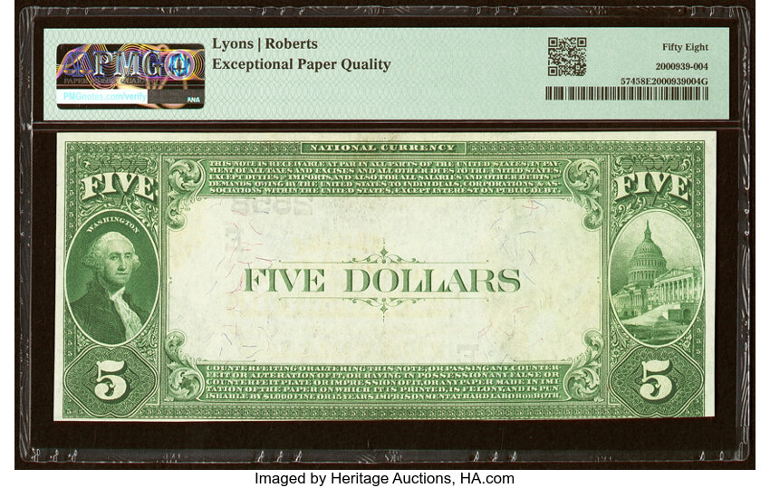 image for: Greensburg, PA - $5 1882 Value Back Fr. 574 The First National Bank Ch. # (E)2558 PMG Choice About Unc 58 EPQ....