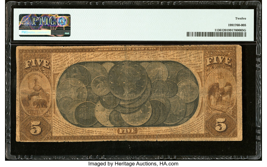 image for: San Francisco, CA - $5 1870 Fr. 1136 The First National Gold Bank Ch. # 1741 PMG Fine 12....