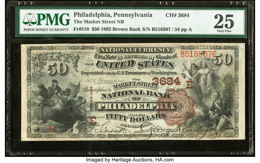 image for: Philadelphia, PA - $50 1882 Brown Back Fr. 510 The Market Street National Bank Ch. # 3684 PMG Very Fine 25....