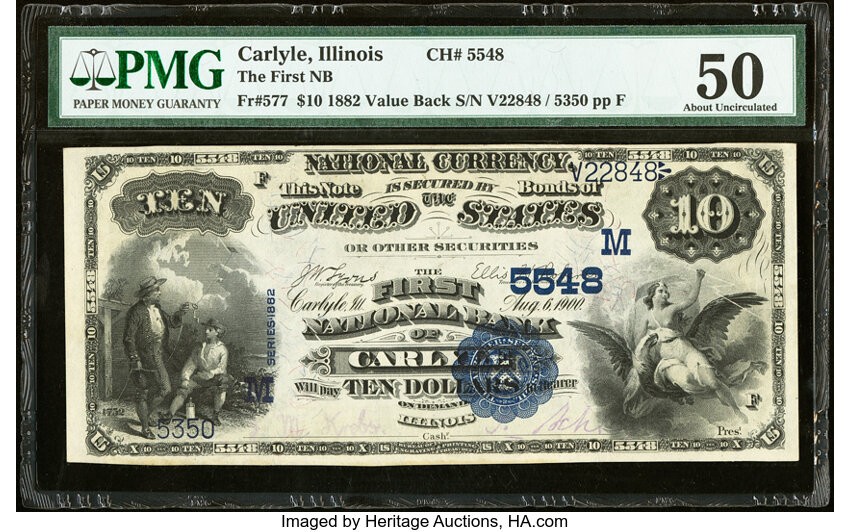 image for: Carlyle, IL - $10 1882 Value Back Fr. 577 The First National Bank Ch. # (M)5548 PMG About Uncirculated 50....