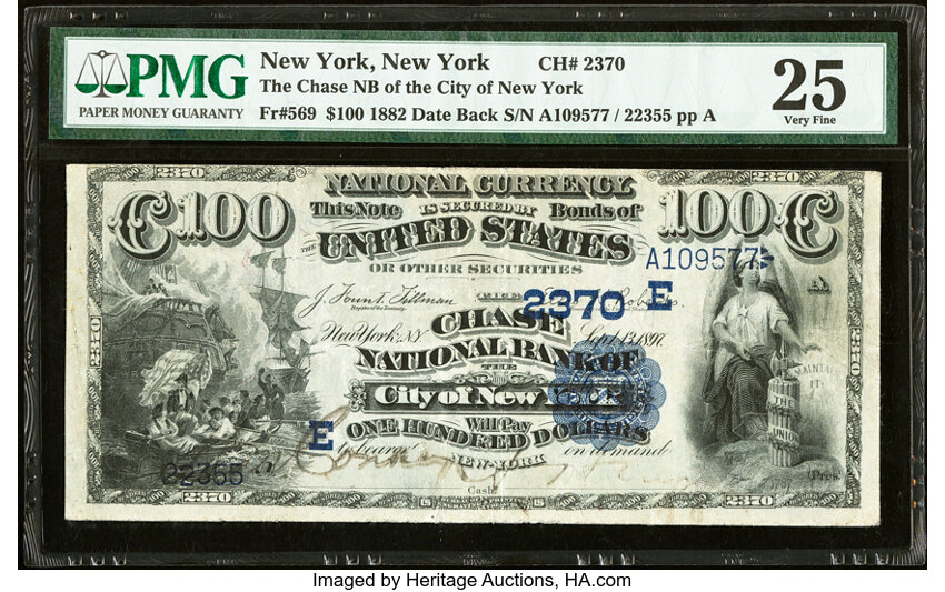 image for: New York, NY - $100 1882 Date Back Fr. 569 The Chase National Bank Ch. # (E)2370 PMG Very Fine 25....