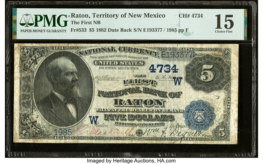 image for: Raton, NM - $5 1882 Date Back Fr. 533 The First National Bank Ch. # (W)4734 PMG Choice Fine 15....