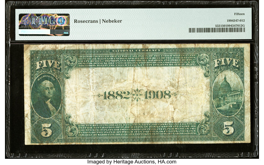 image for: Raton, NM - $5 1882 Date Back Fr. 533 The First National Bank Ch. # (W)4734 PMG Choice Fine 15....