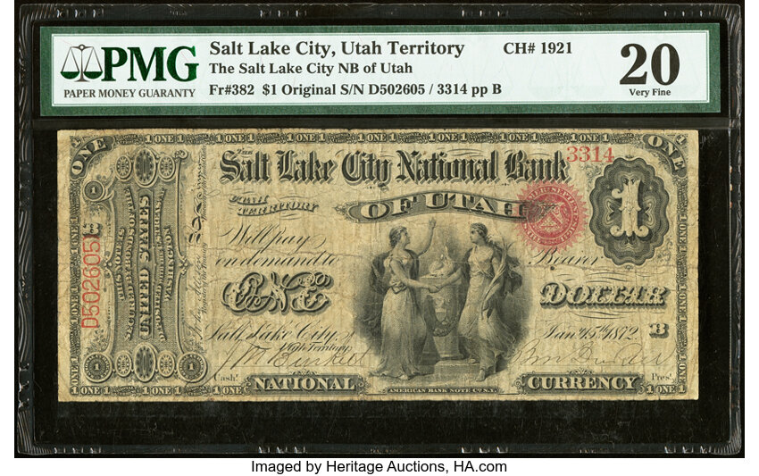 image for: Salt Lake City, UT - $1 Original Fr. 382 The Salt Lake City National Bank of Utah Ch. # 1921 PMG Very Fine 20....