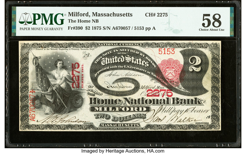 image for: Milford, MA - $2 1875 Fr. 390 The Home National Bank Ch. # 2275 PMG Choice About Unc 58....