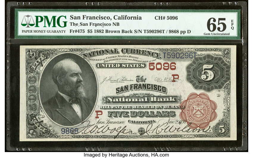 image for: San Francisco, CA - $5 1882 Brown Back Fr. 475 The San Francisco National Bank Ch. # (P)5096 PMG Gem Uncirculated 65 EPQ....