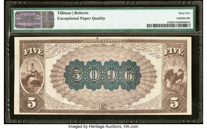 image for: San Francisco, CA - $5 1882 Brown Back Fr. 475 The San Francisco National Bank Ch. # (P)5096 PMG Gem Uncirculated 65 EPQ....