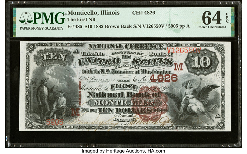 image for: Monticello, IL - $10 1882 Brown Back Fr. 485 The First National Bank Ch. # (M)4826 PMG Choice Uncirculated 64 EPQ....