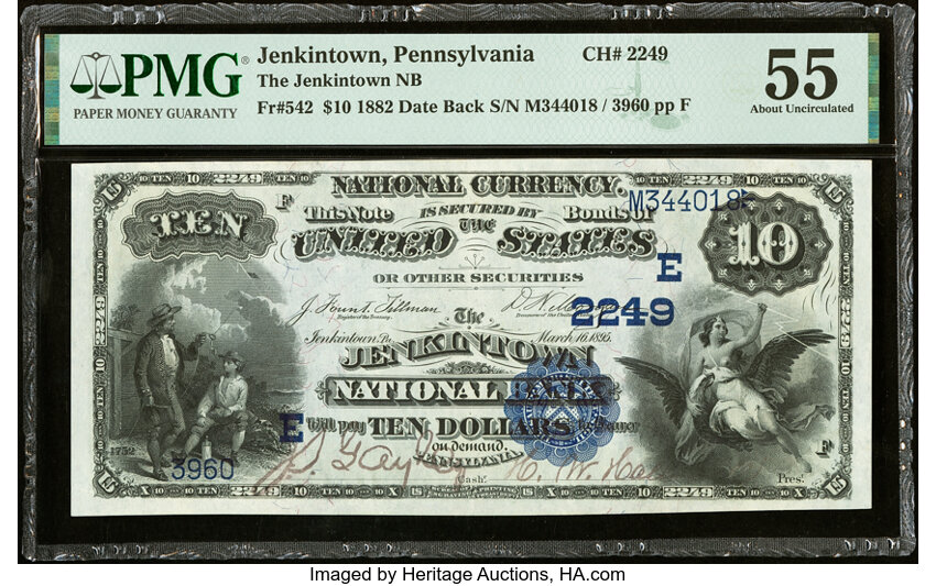 image for: Jenkintown, PA - $10 1882 Date Back Fr. 542 The Jenkintown National Bank Ch. # (E)2249 PMG About Uncirculated 55....