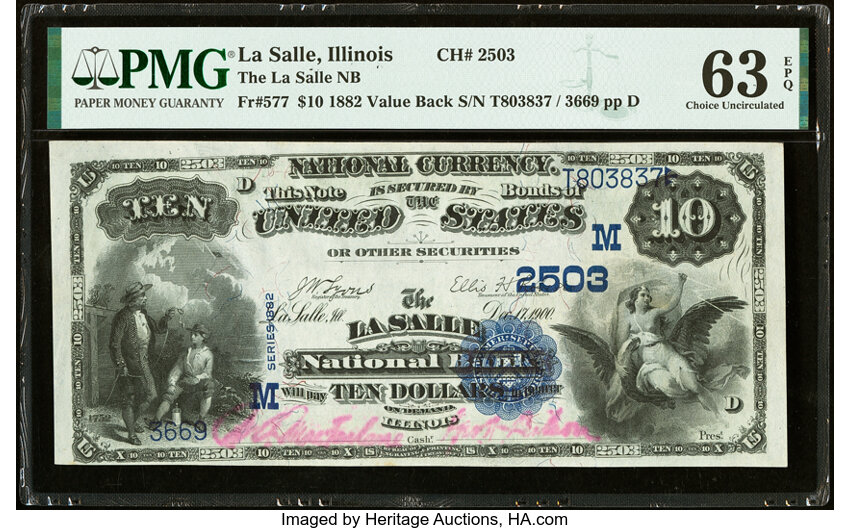 image for: LaSalle, IL - $10 1882 Value Back Fr. 577 The LaSalle National Bank Ch. # (M)2503 PMG Choice Uncirculated 63 EPQ....