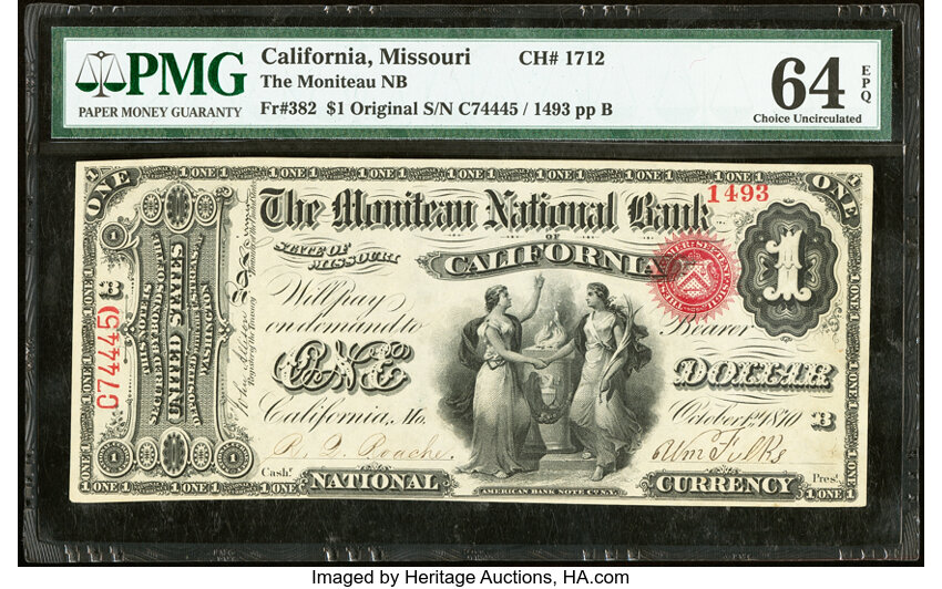 image for: California, MO - $1 Original Fr. 382 The Moniteau National Bank Ch. # 1712 PMG Choice Uncirculated 64 EPQ....