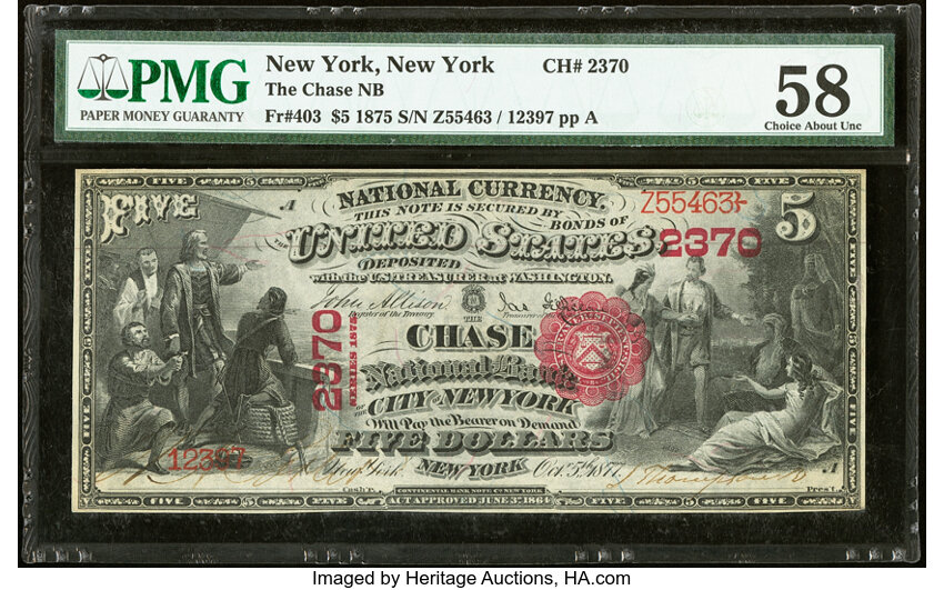 image for: New York, NY - $5 1875 Fr. 403 The Chase National Bank Ch. # 2370 PMG Choice About Unc 58....