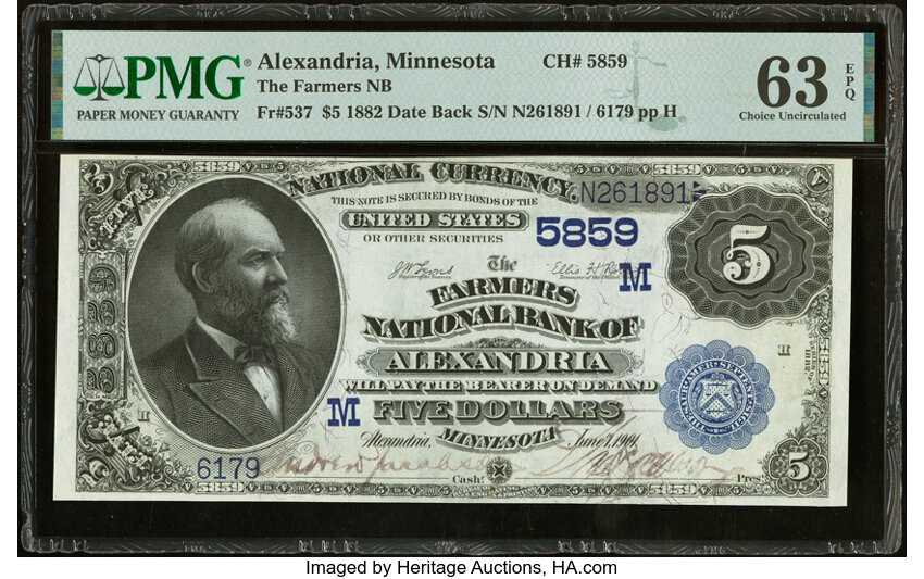 image for: Alexandria, MN - $5 1882 Date Back Fr. 537 The Farmers National Bank Ch. # (M)5859 PMG Choice Uncirculated 63 EPQ....