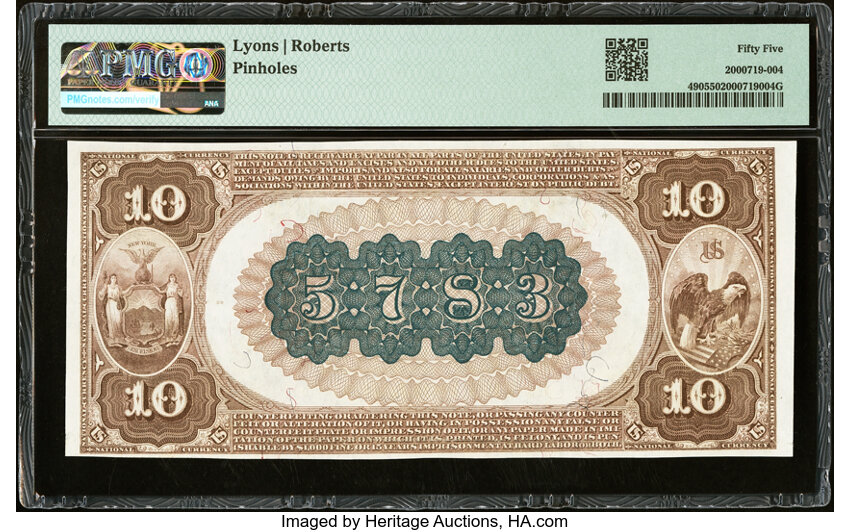 image for: Low Serial Number 3 New York, NY - $10 1882 Brown Back Fr. 490 The New Amsterdam National Bank Ch. # 5783 PMG About Uncirculat...