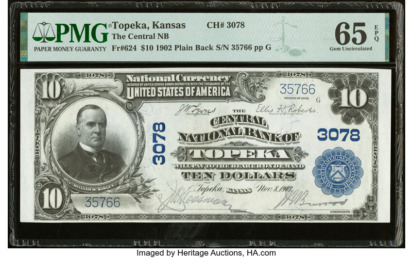 Topeka, KS - $10 1902 Plain Back Fr. 624 The Central National Bank Ch. # 3078 PMG Gem Uncirculated 65 EPQ....
