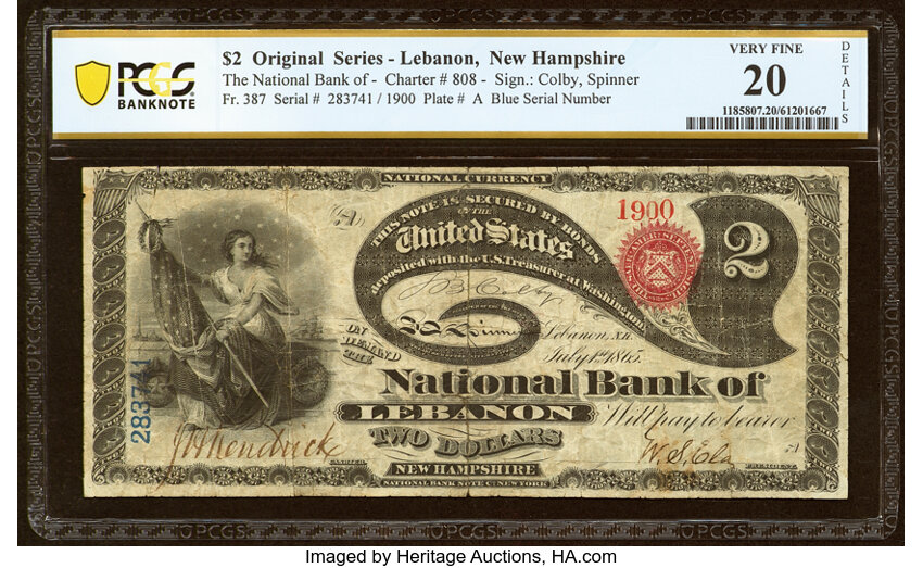 image for: Lebanon, NH - $2 Original Fr. 387 The National Bank of Lebanon Ch. # 808 PCGS Banknote Very Fine 20 Details....