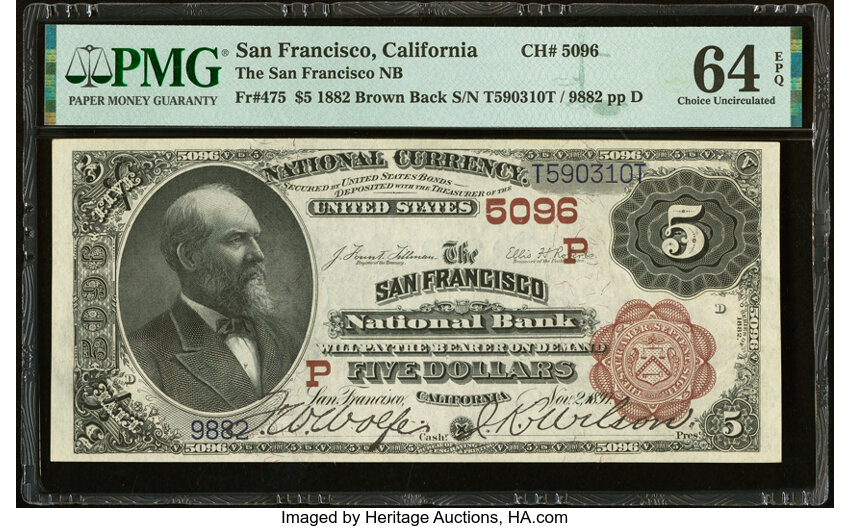 image for: San Francisco, CA - $5 1882 Brown Back Fr. 475 The San Francisco National Bank Ch. # (P)5096 PMG Choice Uncirculated 64 EPQ....