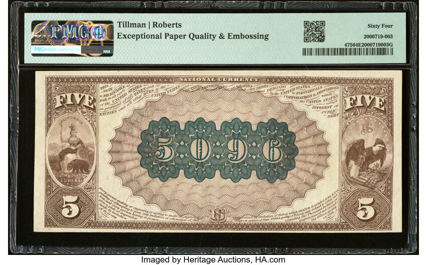 image for: San Francisco, CA - $5 1882 Brown Back Fr. 475 The San Francisco National Bank Ch. # (P)5096 PMG Choice Uncirculated 64 EPQ....