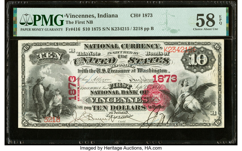 image for: Vincennes, IN - $10 1875 Fr. 416 The First National Bank Ch. # 1873 PMG Choice About Unc 58 EPQ....