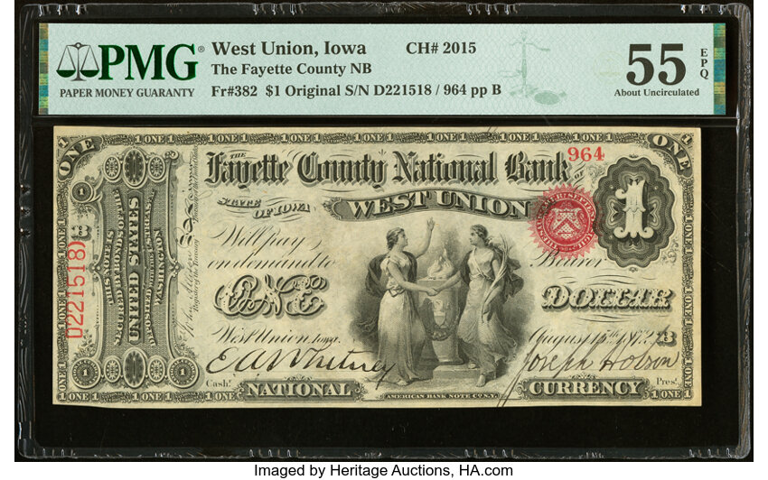 image for: West Union, IA - $1 Original Fr. 382 The Fayette County National Bank Ch. # 2015 PMG About Uncirculated 55 EPQ....