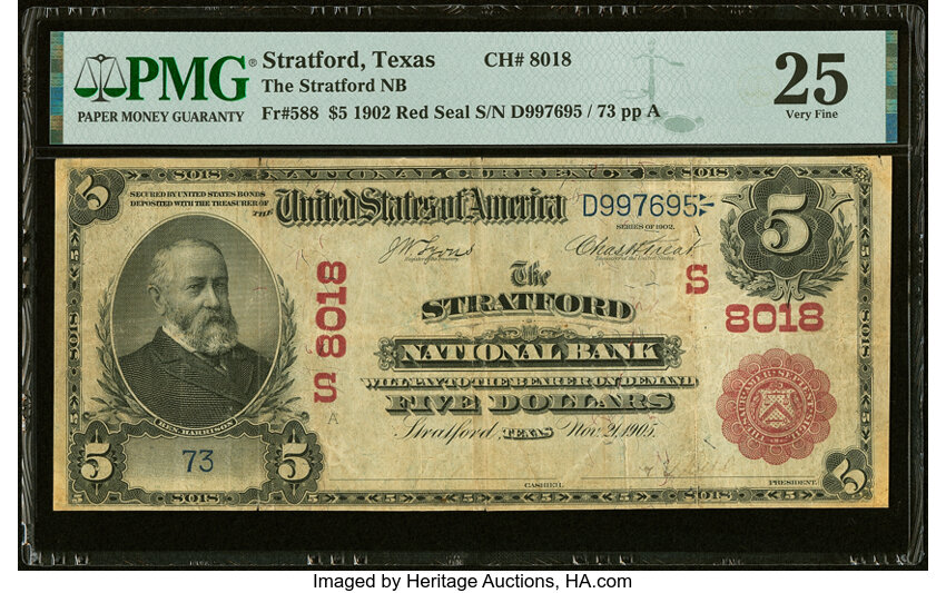 image for: Stratford, TX - $5 1902 Red Seal Fr. 588 The Stratford National Bank Ch. # (S)8018 PMG Very Fine 25....