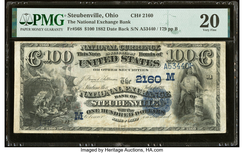 image for: Steubenville, OH - $100 1882 Date Back Fr. 568 The National Exchange Bank Ch. # (M)2160 PMG Very Fine 20....