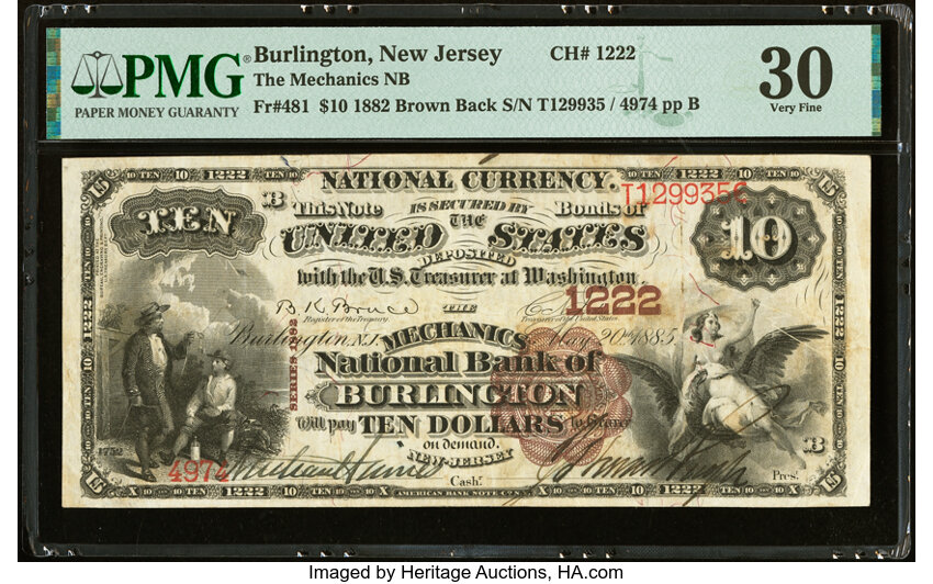 image for: Burlington, NJ - $10 1882 Brown Back Fr. 481 The Mechanics National Bank Ch. # 1222 PMG Very Fine 30....