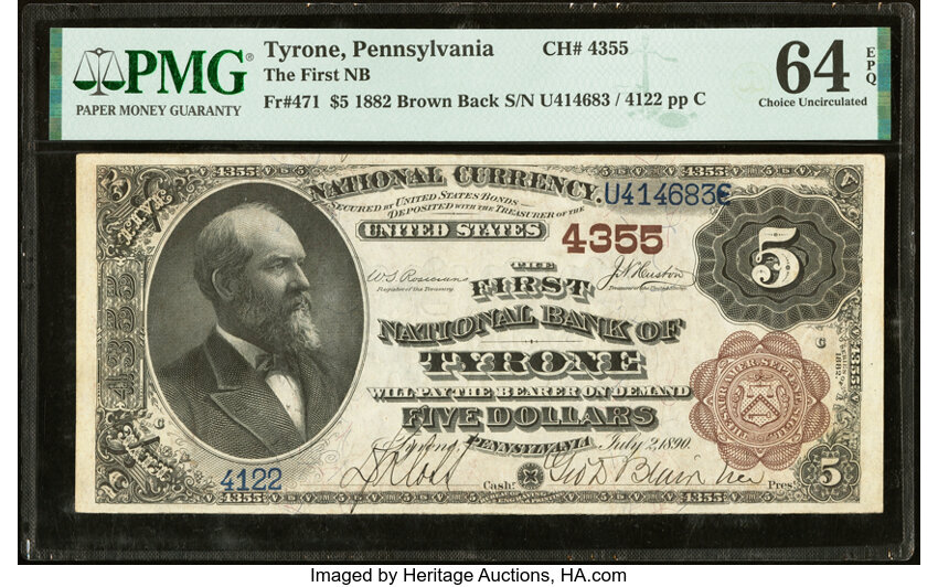 image for: Tyrone, PA - $5 1882 Brown Back Fr. 471 The First National Bank Ch. # 4355 PMG Choice Uncirculated 64 EPQ....
