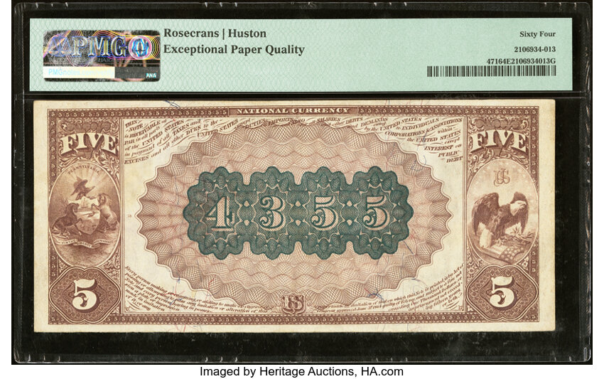 image for: Tyrone, PA - $5 1882 Brown Back Fr. 471 The First National Bank Ch. # 4355 PMG Choice Uncirculated 64 EPQ....