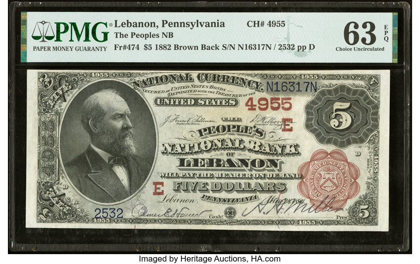 image for: Lebanon, PA - $5 1882 Brown Back Fr. 474 The Peoples National Bank Ch. # (E)4955 PMG Choice Uncirculated 63 EPQ....