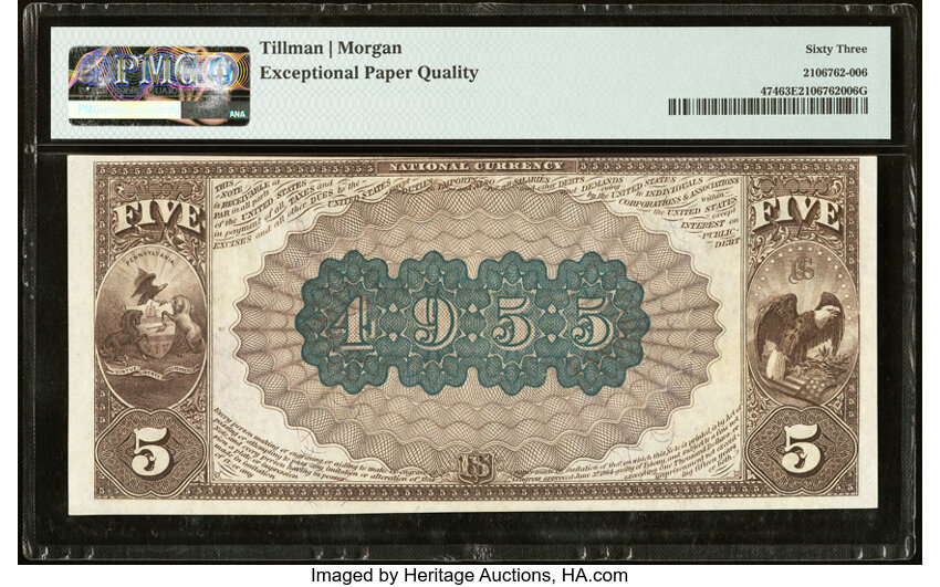 image for: Lebanon, PA - $5 1882 Brown Back Fr. 474 The Peoples National Bank Ch. # (E)4955 PMG Choice Uncirculated 63 EPQ....
